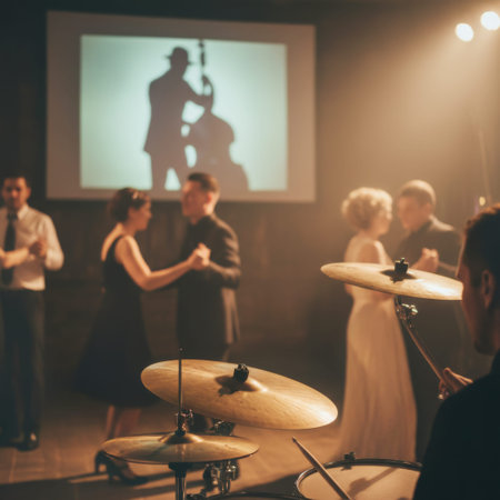 Vintage jazz party with dancing couples in retro ballroom, smoky ambience, drum set in foreground and large shadow of double bass player on wall, elegant 1920s style celebration, music and dancingの素材