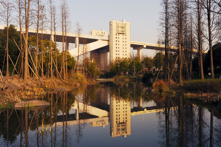 Buildings and trees reflects in the lake waterのeditorial素材