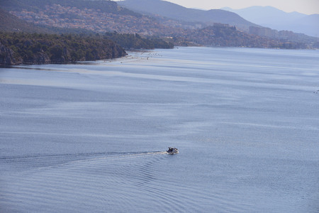 Landscape view of a sea with boatの写真素材