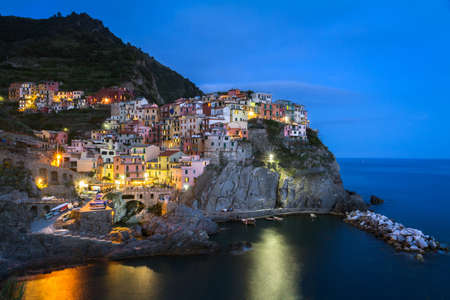Village of Manarola at night, Cinque Terre, Italyの写真素材