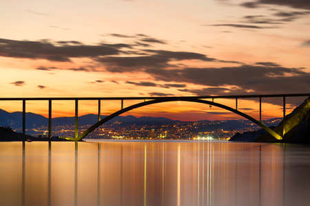 Bridge to Krk Island at sunset, Croatiaの写真素材