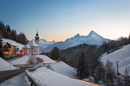 Maria Gern Church in Bavaria with Watzmann, Berchtesgaden, Germany Alpsの写真素材