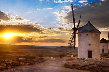 Windmill at sunset, Consuegra, Spainの写真素材