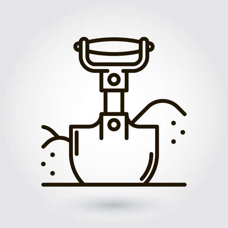 Black flat line icon with a picture of a symbol construction equipment shovel excavation on white background.のイラスト素材