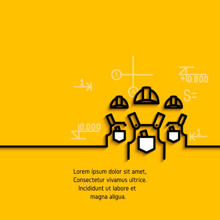 banner with a picture of black flat line symbol a team of builders installers on yellow  background.のイラスト素材