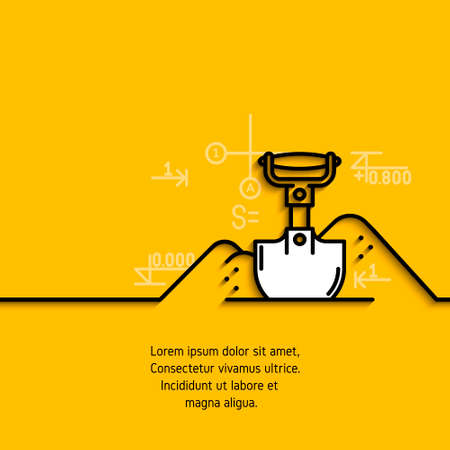 banner with a picture of black flat line symbol construction equipment shovel excavation on yellow  background.のイラスト素材