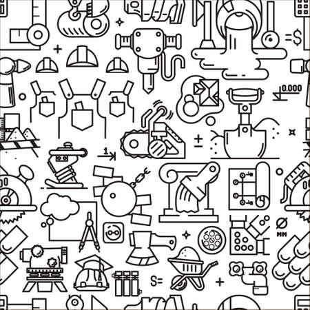 construction seamless pattern with icons and signs in linear style equipment build tool on white backgroundのイラスト素材