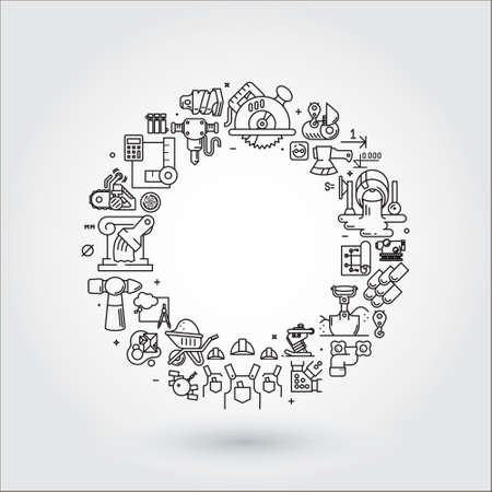 construction illustration with icons and signs in linear style equipment build tool on white background poster or banner templateのイラスト素材