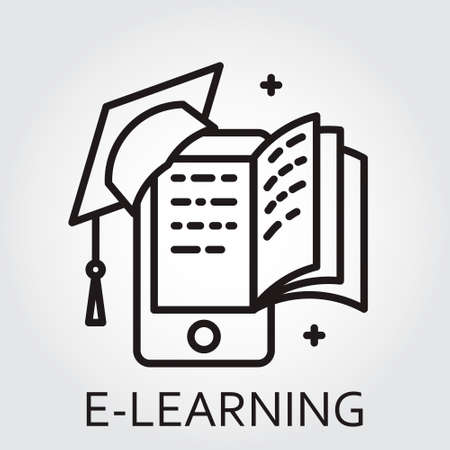 Black flat line icon with a picture of e-learning as square academic cap book monitor on white...