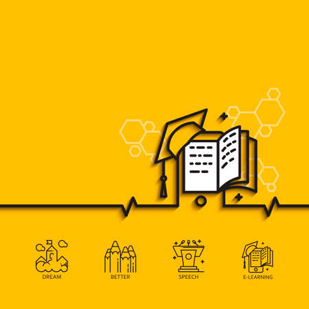 banner with a picture of e-learning as square academic cap book monitor  on yellow background.のイラスト素材