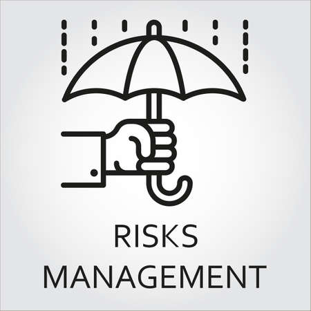 Black flat line vector icon with a picture of risks management as umbrella in his hand on white background.のイラスト素材
