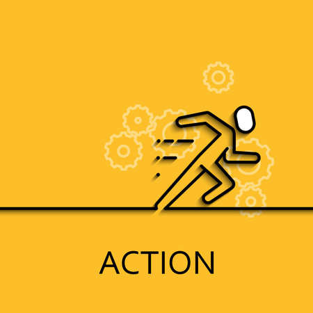 Vector business illustration in linear style with a picture of action as running man on yellow background poster or banner template.のイラスト素材