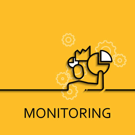 Vector business illustration in linear style with a picture of monitoring as men and chart, diagram on yellow background poster or banner template.のイラスト素材