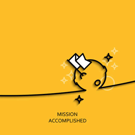 Vector business illustration in linear style with a picture of mission accomplished as flag and moon on yellow background poster or banner template.のイラスト素材