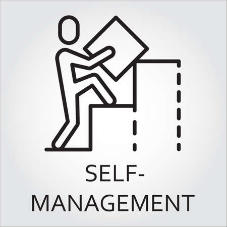 Black flat line vector icon with a picture of self-management as man builds a graph on white background.のイラスト素材