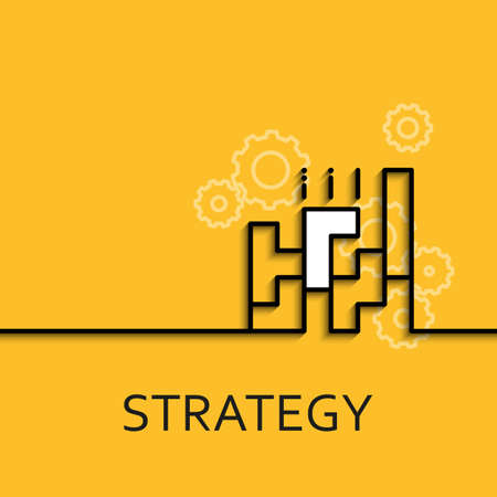 Vector business illustration in linear style with a picture of strategy as game on yellow background poster or banner template.のイラスト素材
