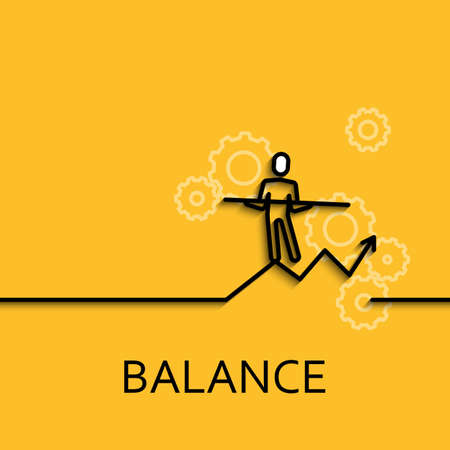 Vector business illustration in linear style with a picture of balance as man goes on yellow background poster or banner template.のイラスト素材