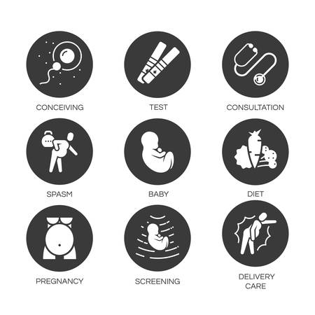 Outline symbol collection. Black shape icons in the circle set of stages pregnancy tips for pregnant women. Stroke vector concept medical consultation for web graphics. Simple mono flat pictogram packのイラスト素材