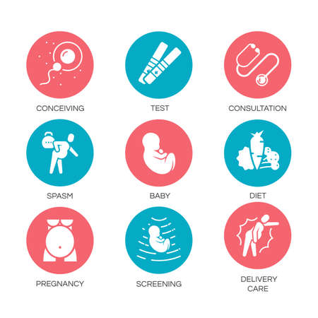 Outline symbol collection. Red, blue shape icons in the circle set of stages pregnancy, tips for pregnant women. Vector concept medical consultation for web graphics. Simple mono flat pictogram pack.のイラスト素材