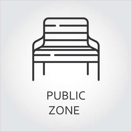 Simple black icon of bench. Public zone symbol for parks, public places, squares. Label drawn in outline style.のイラスト素材