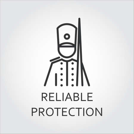 Icon with simple silhouette of soldier drawn in outline style. Reliable protection concept. Simple mono black line label.のイラスト素材