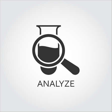 Label of analyze or diagnosis as tube and magnifier. Simple black icon.のイラスト素材