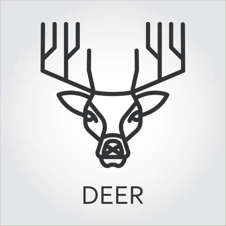 Black flat simple icon style line art. Outline symbol with stylized image of a head of a wild animal deer reyndeer. Stroke vector logo mono linear pictogram web graphics. On a gray background.のイラスト素材