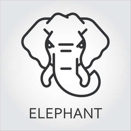 Black flat simple icon style line art. Outline symbol with stylized image of a head of a wild animal elephant. Stroke vector logo mono linear pictogram web graphics. On a gray background.のイラスト素材