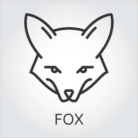 Black flat simple icon style line art. Outline symbol with stylized image of a head of a wild animal fox, she-fox. Stroke vector logo mono linear pictogram web graphics. On a gray background.のイラスト素材