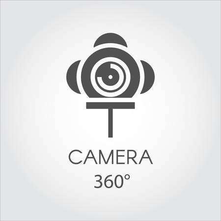 Black flat line icon of camera 360 degree. Concept of virtual panorama view. Label drawn in flat...