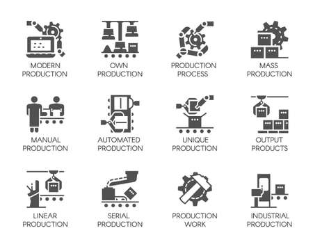 Big set of icons in flat style of automatic and manual production. 12 black web graphic pictograms. Symbols of business, modern machinery equipment concept. 64x64 Pixel Perfectのイラスト素材