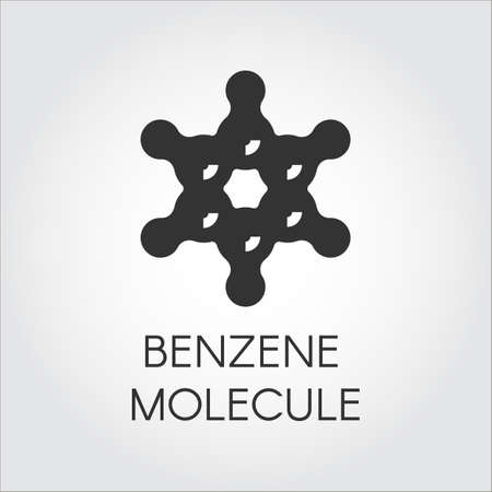 Structural chemical model of benzene molecule. Organic chemical compound C6H6. Aromatic hydrocarbon black flat logo. Vector iconのイラスト素材