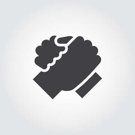 Handshake of two people icon in flat design style. Simple black logo for brotherly support, meeting, armwrestling, business teamwork concept image. Contour arm silhouette. Vector illustrationの写真素材