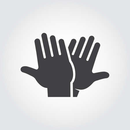 High five icon. Black flat pictograph of two clapping hands - greeting, welcoming, celebrating symbol of successful interaction people. Vector web sign or button. Illustration on gray backgroundのイラスト素材