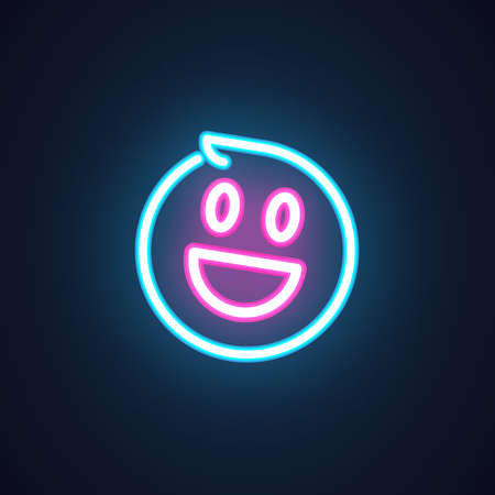 Smile neon icon. Happy emoji illumination symbol. Laughing emoticon expression of positive feelings. Label isolated on black. Element of interface or promotional items. Vector illustrationのイラスト素材