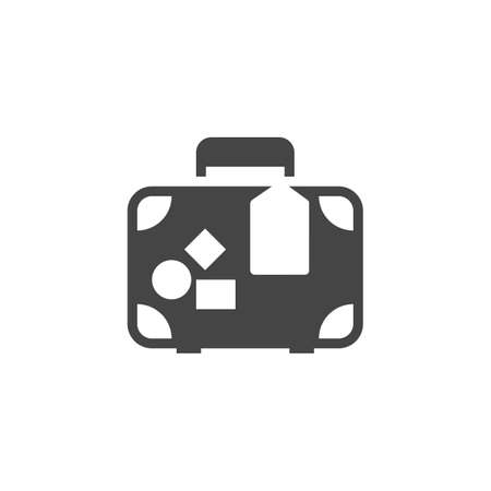 Travelers luggage thin line icon. Bag for journey outline graphic label. Classic suitcase with stamps contour logo isolated on white. Handbag pictogram. Vector illustrationの写真素材