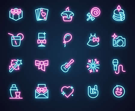 Set of 20 neon icons for music, holiday, romantic, birthday, party theme. Illuminosity labels isolated on black. Advertising led logo. Interface, setting and game ui ux element. Vector illustrationの写真素材