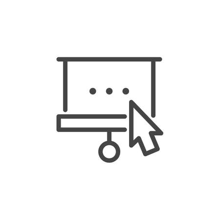 Computer mouse cursor clicking on projector screen. Graphic web pictograph and button of video viewing, entrance to webinar room or virtual conference. Line icon isolated. Vector illustrationのイラスト素材