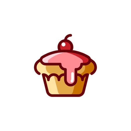 Cake with cherry icon. Classic dessert decorated with berry. Holiday treat label. Sweet festive...