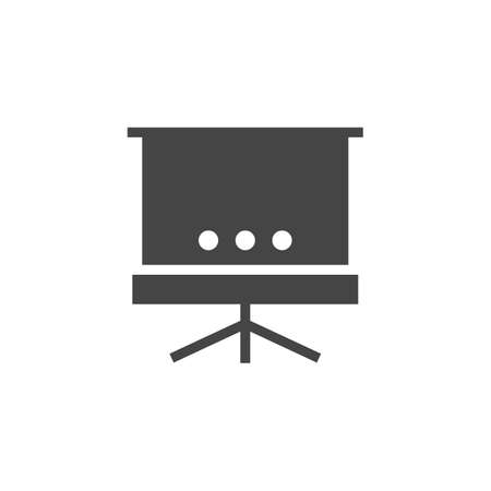 Screen on the tripod for presentation. Portable projector for seminars, conferences, demonstration of information slides. Office auxiliary tool for public speaking, Vector black flat icon isolatedのイラスト素材
