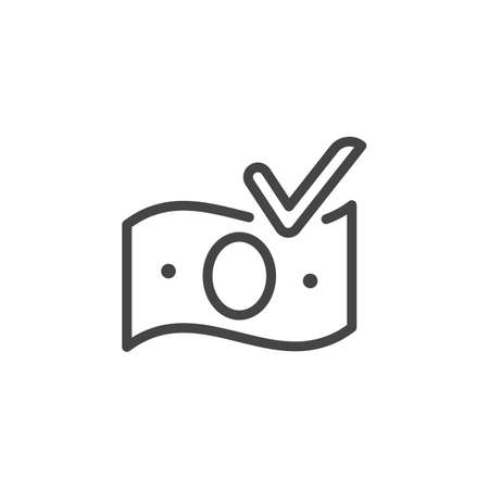 Banknote and check mark accept icon. Financial agreement, currency exchange, bank deposit, loan approval, payment in store label. Committed transaction outline pictogram. Vector illustration isolatedのイラスト素材