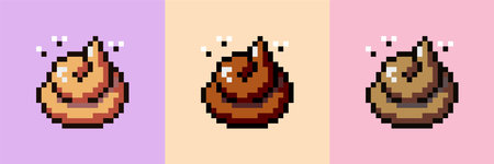 Pixel art brown poop vector illustration set. Cartoon image emoji bunch shit. Icon pile of dog poo with flies in style of old eight-bit games isolated on color background.のイラスト素材
