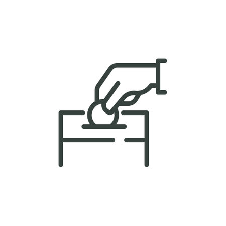 Thin outline icon hand putting a coin in a donation box. Such line sign as charity or donation, contribution and sponsorship. Vector isolated pictogram on white background editable stroke.のイラスト素材