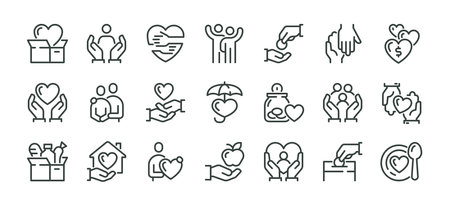 Premium Icons Pack on Charity and Donations. Such Line Signs as Volunteering and Compassion, Philanthropy Contribution and Sponsorship. Vector Icons Set for Web and App Outline Editable Stroke.のイラスト素材