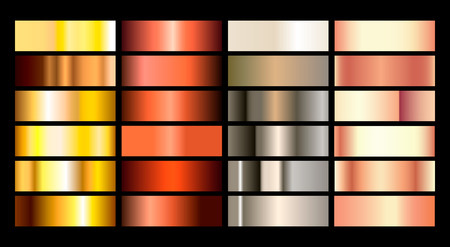 Gold rose, bronze, silver and gold foil texture gradation background set. Vector golden elegant, shiny and metalic gradient collection for chrome border, frame, ribbon, label design.のイラスト素材