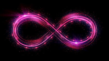 Lighting 3d infinity symbol. Beautiful glowing signs.Sparkling rings. Swirl icon on black background.Luminous trail effect. Colorful isolated sparkling loop.の写真素材