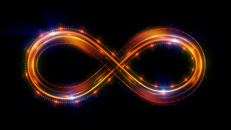 Lighting 3d infinity symbol. Beautiful glowing signs.Sparkling rings. Swirl icon on black...