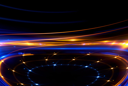 Beautiful light flares. Glowing streaks on dark background. Luminous abstract sparkling lined background. light effect wallpaper. Sci fi technology.の写真素材