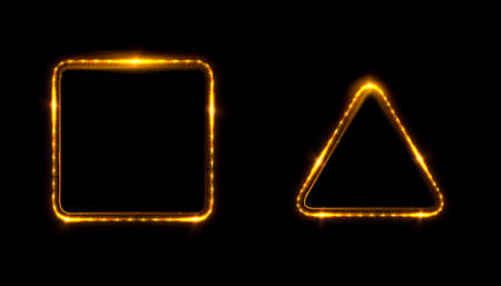 Glowing frames black background. Square glow borders. Sparkling geometric light banner. Luminous triangle light shape. 
Shining triangular forms. Neon sign. Bright sign with flares and sparkles. LEDの写真素材