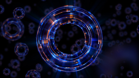 Abstract neon background. Shine swirling. Glowing spiral cover. 
Bubbles elegant. Halo around. Power sparks data particle.
Space tunnel. Glossy jellyfish. LED color ellipse. Glint glitter beam techの写真素材